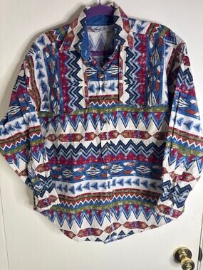 VTG 90s Adobe Rose Southwest Aztec Print Western Brushpopper Shirt Cotton Large